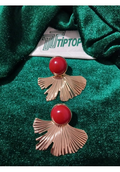 Tiptop/ Bordo Mineli Gold Yaprak Küpe Altın - Kırmızı