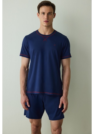 Penti İndigo Erkek Navy Star Bisiklet Yaka Pamuklu Şortlu Pijama Takımı Indigo