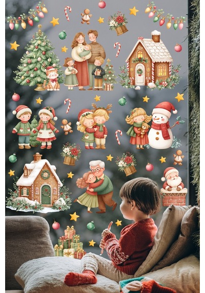 Yeni Yıl Cam Sticker Seti Büyük Boy Aile & Noel Evi Temalı 80+ Parça Çift Taraflı Pencere Süsü Dijital Baskı