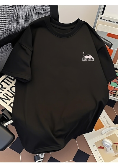 Uyguntarz Unisex Dağ Baskılı Tasarım Tshirt Siyah