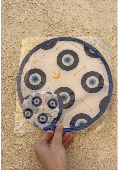 Nazarlık Desenli Katlanabilir Yuvarlak Yazlık Taşınabilir Çantalı El Yelpazesi 25cm