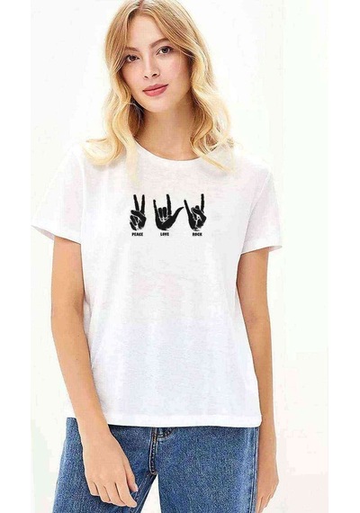 Peace Love Rock Baskılı Beyaz Kadın Tshirt
