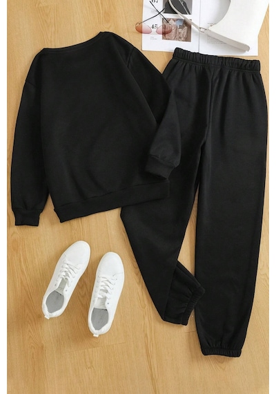 Uyguntarz Unisex Shark Baskılı Bisiklet Yaka Eşofman Takımı Siyah