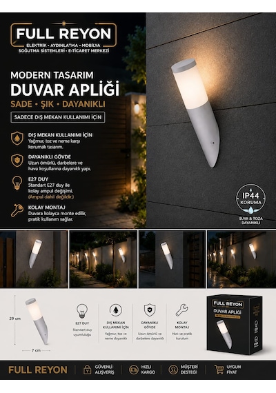 E27 Duy Kırık Beyaz İç Ve Dış Mekan Plastik Gövde Duvar Apliği Elektrikle Çalışır - Ampul Hediye Beyaz - Gün Işığı