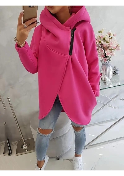 Pembe Kadın 3 İplik Şardonlu Kapüşonlu Ceket Asimetrik Fermuarlı Oversize Pembe