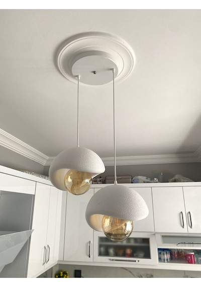 Beton Görünümlü Modern Şık İskandinav Tarz 2 Başlı Avize 25cm Rustik Ampul Hediyeli Nestvibe Beyaz