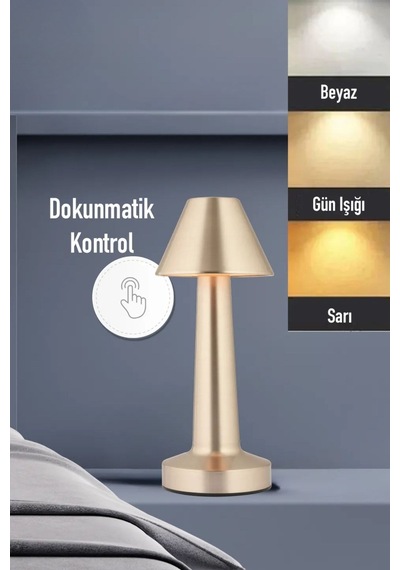 Mcg Çatı Model Gold Renk Şarjlı Dokunmatik 3 Renkli Led Masa Lambası