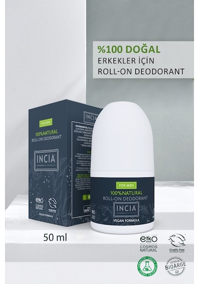 INCIA %100 Doğal Roll On Deodorant Erkekler İçin Ter Kokusu Önleyici Leke Yapmayan 50 ML