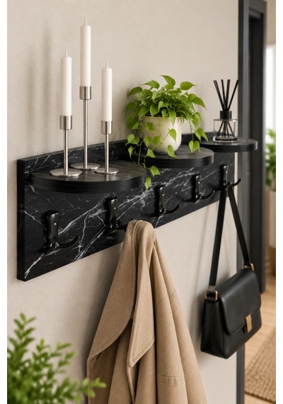 Sulorahome 5'li Duvar Askılığı Ve Raflı Portmanto Siyah Mermer Desenli 80 Cm