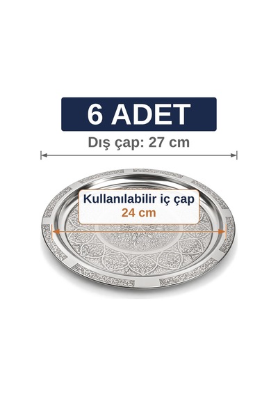 Binbir Trend 27 Cm Otantik Desenli Krom Çelik Kebap, Izgara, Meze Ve Servis Tabağı 6 Adet