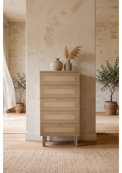 Baru 5 Çekmeceli Şifonyer/çamaşırlık 50x105x42 Cm Cadiz Meşe İskandinav Tasarım Beyaz