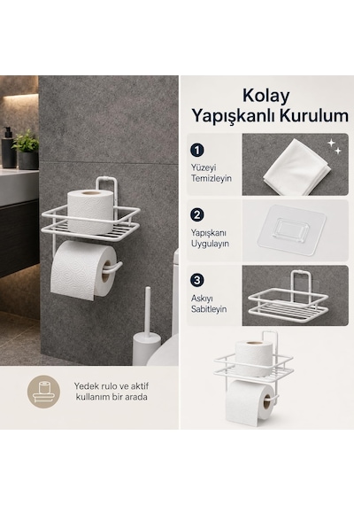Yapışkanlı Beyaz Tuvalet Kağıtlığı, Yedek Rulo Hazneli Wc Kağıtlık, Duvar Tipi Banyo Tuvalet Kağıdı Askısı, Delmeden Kolay Kurulumlu Banyo Düzenleyici Diğer