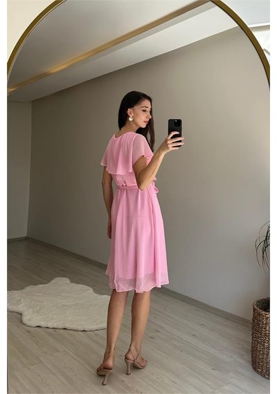 Neşeli Butik Kadın V Yaka Kuşaklı Mini Şifon Elbise Nm007 Pudra