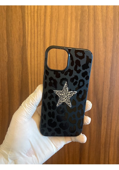 Apple iPhone Uyumlu 13/14 Leopar Baskılı İçi Kadife Silikon Telefon Kılıfı Siyah