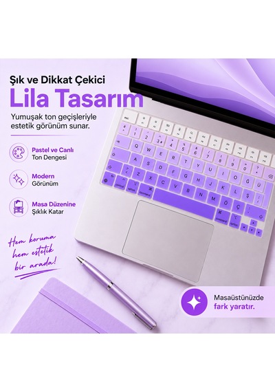 Macbook Pro 14.2 İnç M1 M2 M3 M4 M5 A2442 A2992 Uyumlu Türkçe Q Klavye Koruyucu Mor Ombre Silikon Diğer