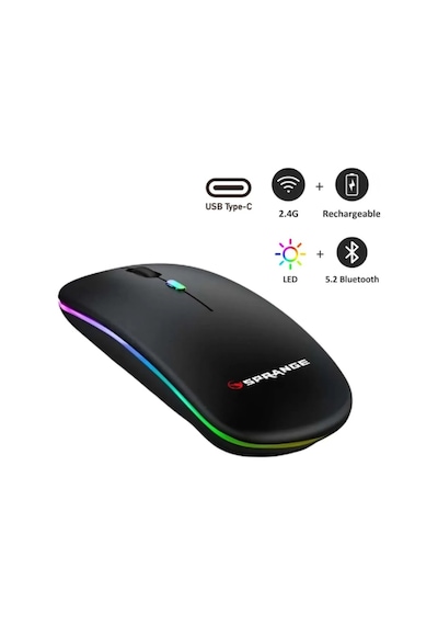 Sr M1 Şarjlı Kablosuz Bluetooth Usb 2.4 Ghz Mouse 800/1200/1600 Dpı, Rgb Led, Type C Çok Renkli