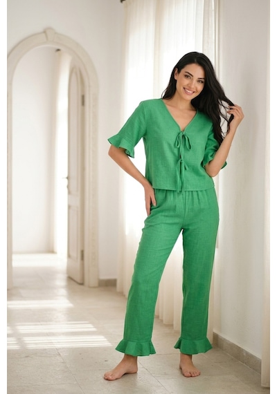 Aura Collections Kadın Yeşil Keten Görünümlü Yazlık Kısa Kollu Dokuma Pijama Takımı