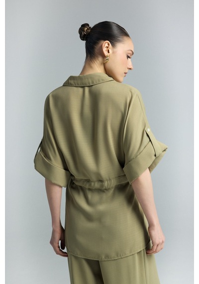 Beli Bağlamalı Kimono Gömlek - Haki-137290