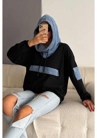 Femelle Kot Garnili Kapüşonlu Tasarım Sweatshirt siyah
