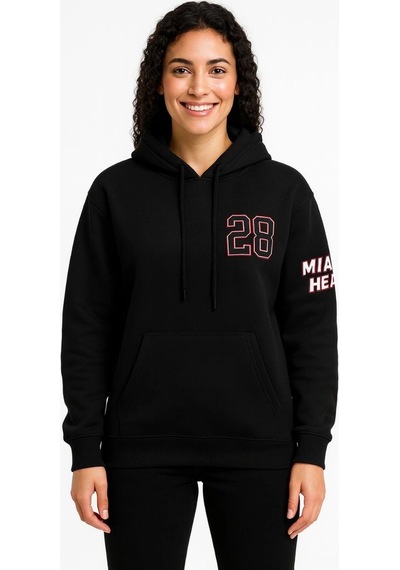 Kadın 3 İplik Pamuklu Kapüşonlu Kanguru Cepli Baskılı Hoodie Sweatshirt - Siyah