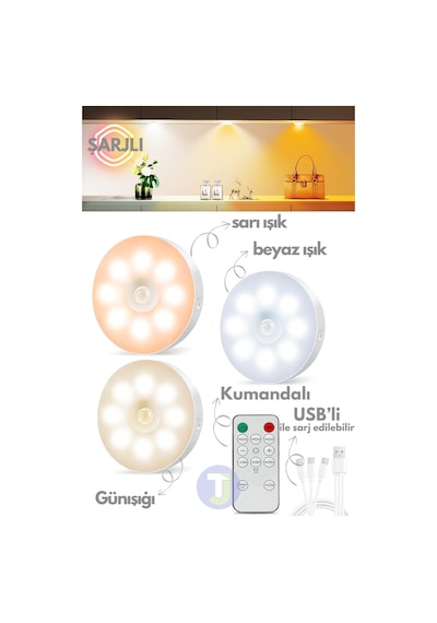 Technojet Şarj Edilebilir Kumandalı 3 Lü Spot Led Işık Lamba Hareket Sensörlü Kabin Işığı 3 Renkli