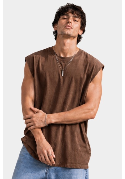 Thiff Erkek Oversize Kolsuz T-shirt Tişört Atlet Kahverengi