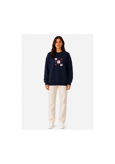 Herkesemoda Kalp Baskı Detaylı Şardonlu 2 İplik Bisiklet Yaka Sweatshirt Lacivert