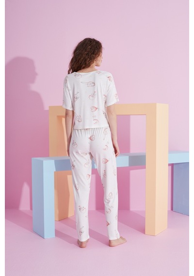 Siyah İnci Likralı Örme Pijama Takım 7800 Beyaz Kalp