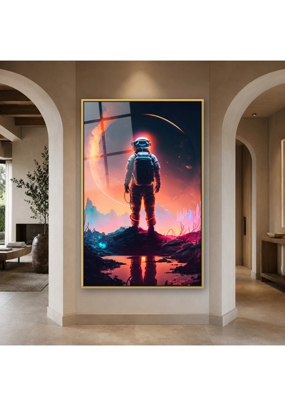 Kızıl Gezegende Duran Astronot Gold Çerçeveli Cam Tablo