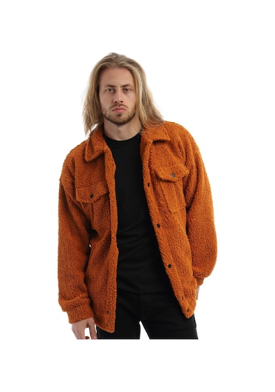 Polostate Erkek Kıvırcık Peluş Cıt Cıt Kapamalı Oversize Ceket Tarçın