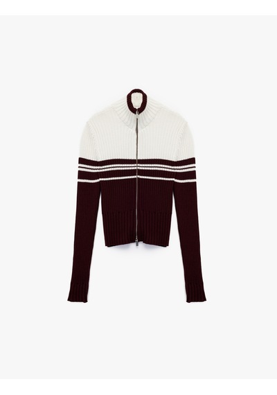 Koton Dik Yaka Slim Fit Uzun Kollu Çizgili Fermuarlı Triko Hırka Bordo Çizgili 6wal90108ht Bordo Çizgili