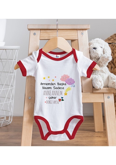 Bk Gift Bk Kids Kişiye Özel Anneannem Tasarımlı Kırmızı Bebek Body Zıbın-1 6 - 9 Ay