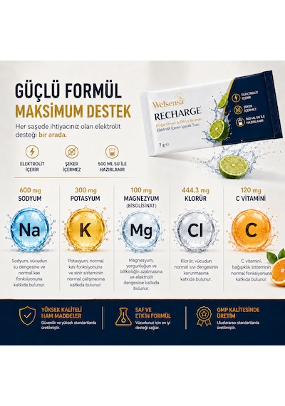 Welsensa Recharge 20 Saşe Elektrolit İçeren İçecek Tozu Doğal Limon & Citrus Aromalı 1 Adet