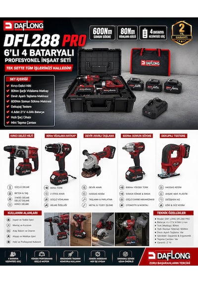 Daflong DFL288 Pro 6'lı Set - 4 Bataryalı Taşıma Çantalı 80NM Şarjlı Matkap + 600NM Torklu Bijon Sökme + Devir Ayarlı Taşlama + Kırıcı Delici Hilti + Sunta Kesme + Dekupaj Makinesi