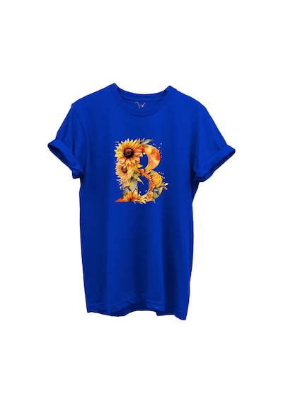 Ayçiçek Desenli B'' Harfi Baskılı %100 Pamuk Regular Fit Unisex T-shirt Mavi