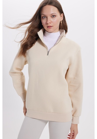 Tudors Kadın Relax Fit Rahat Kesim Pamuklu İçi Polarlı Yarım Fermuarlı Ekru Dik Yaka Sweatshirt-42196 Ekru