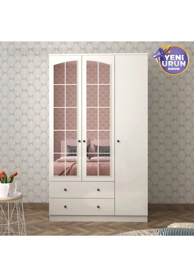 Rose 3 Kapak 2 Çekmece Aynalı Gardırop Beyaz
