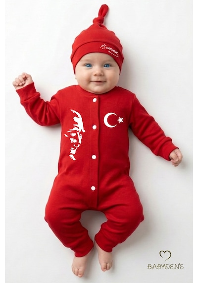 Babyden's 2 Li Bebek Tulum Seti, İlk 23 Nisan Bayramı Atatürk Baskılı Yenidoğan Bebek Tulum Şapka Set Unisex Kırmızı