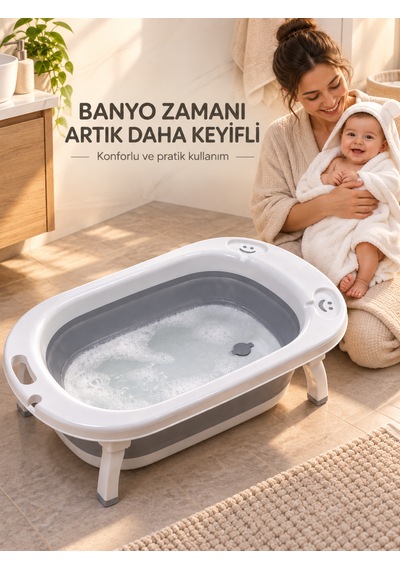 Beylini Katlanabilir Bebek Küveti Soft Silikon Destekli Banyo Akordion Duş Oyun Alanı Gri