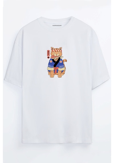 Anime Kedi Baskılı Unisex Beyaz Oversize T-shirt Beyaz
