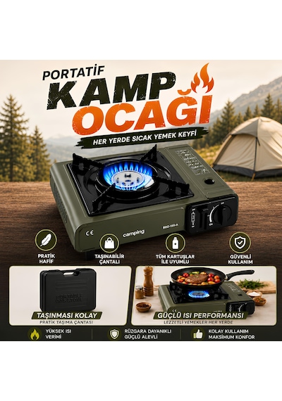 Portatif Kamp Ocağı Kartuşlu Tekli Ocak Piknik Kamp Ve Karavan İçin Taşınabilir Yeşil