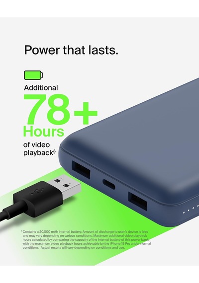 Usb C Taşınabilir Şarj Cihazı 20000 Mah, Usb Tip C Giriş Çıkış Bağlantı Noktalı 20k Güç Bankası İçin Usb C - A Kablosu Dahil 2 Usb A Bağlantı Noktası Mavi