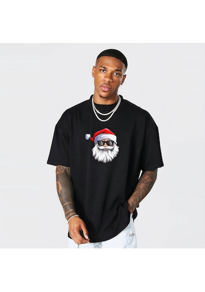 Wear Vexel Yılbaşı Gözlüklü Noel Baba Baskılı Kısa Kollu Oversize Bisiklet Yaka T-shirt - Siyah Çok Renkli