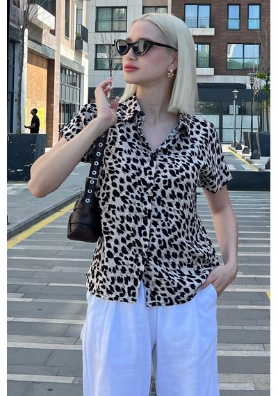 Madmext Ekru Leopar Desenli Kısa Kollu Kadın Gömlek Mg2098-ekru Ekru