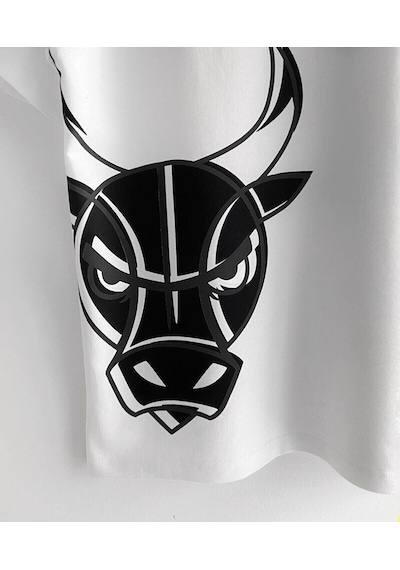 Flood Of Style Erkek Beyaz Bulls Baskılı Oversize Bisiklet Yaka T-shirt