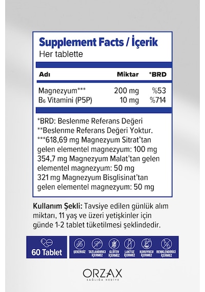 Extramag Üçlü Kombinasyon Magnezyum 200 Mg Takviye Edici Gıda 60 Tablet
