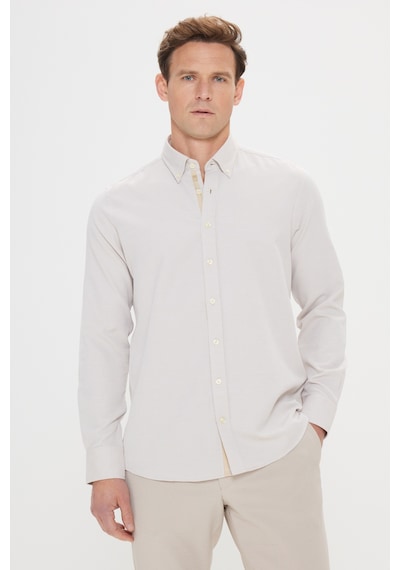 AC&Co / Altınyıldız Classics Erkek Bej Slim Fit Dar Kesim Klasik Yaka Pamuklu Armürlü Gömlek Bej