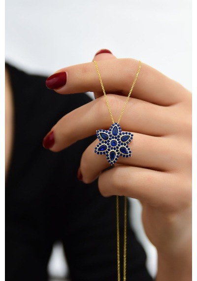 925 Ayar Gümüş Altın Kaplama Safir Damla Lotus Kolye