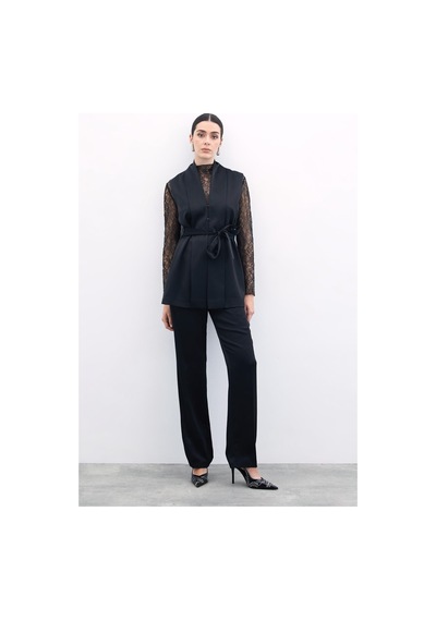 Sateen Kuşaklı Saten Yelek - Siyah-135849 Siyah