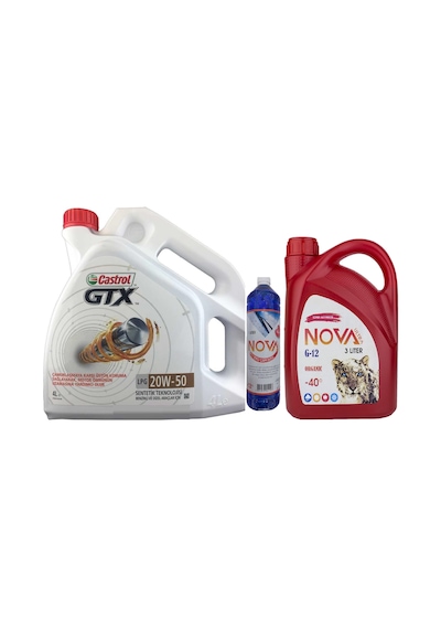 Castrol GTX 20W-50 Sentetik Motor Yağı 4 L + Organik Antifriz 3 L + Cam Suyu 1 L